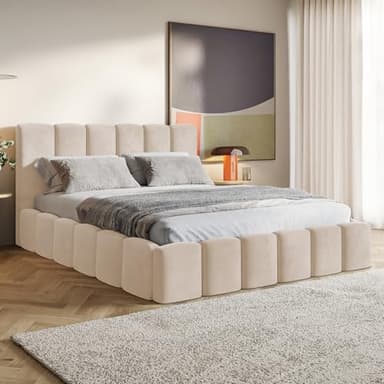 MOTIVENA Nunu Bubble Bett 180x200 Beige Samt, mit Stauraum, mit Kopfteil, mit Lattenrost, ohne Füße, ohne Matratze, Bubble Polsterbett 180x200 mit Bettkasten Beige (Creme)