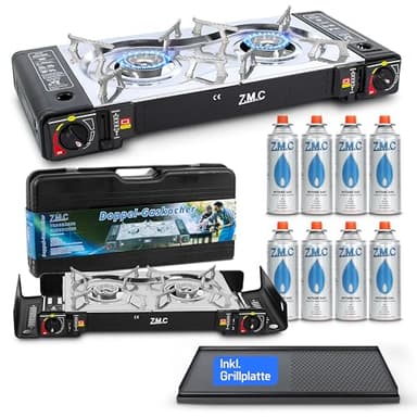 Z.M.C ZMC Camping Gaskocher 2-flammig inkl. Adapter für LPG Anschluss + Grillplatte 45x24 cm + 8 Gaskartuschen 227g + + Aufbewahrungskoffer Campingkocher mit Piezozündung für Outdoor und Innenräume