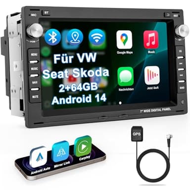 Autoradio mit Bildschirm 2+64G Bluetooth Radio für VW Golf 4 Polo 9N T5 Passat B5 Seat Skoda, 2DIN 7 Zoll Auto Radio mit Navi DAB WLAN FM/AM, Apple Carplay, Android Auto, Lenkrad Strg, Android 14
