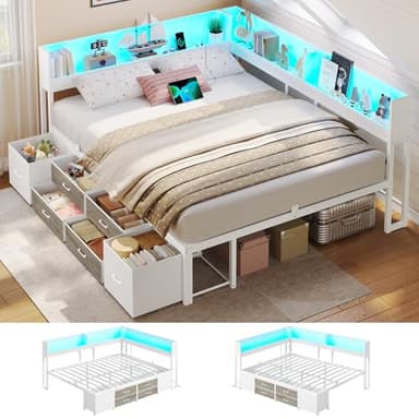 AOGLLATI Bett 140x200 mit Stauraum Schlafsofa mit Integriertem Bücherregal & 6 Schubladen,Jugendbett mit LED-Beleuchtung & Ladestation Gästebett Tagesbett Bettgestell mit Lattenrost(Weiß, 140x200cm)
