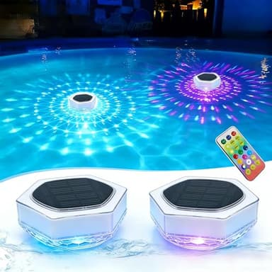 Dekofun 2 Stück Poolbeleuchtung Unterwasser Solar, IP68 Wasserdicht LED Pool Licht mit Fernbedienung, RGB, Timer, 3 Modi, Schwimmende Pool beleuchtung Lichter für Whirlpool Badewanne Spa Garten Balkon