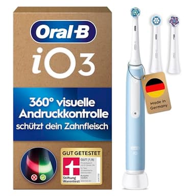 Oral-B iO Series 3 Plus Edition Elektrische Zahnbürste — Electric Toothbrush, Inkl. 3 Aufsteckbürsten, 3 Putzmodi für Zahnpflege — Designed by Braun, GUT GETESTET von STIFTUNG WARENTEST, Hellblau
