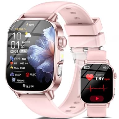 Smartwatch Damen mit EKG/ΒΙυtzυcker/BMI/HRV/Harnsäure/LED-Licht,2,0"Gesundheitsuhr mit 24H BΙutdruckmessung SpO2 Pulsuhr Körpertemperatur Schlaf/Apnoe-Monitor, SOS-Notruf Fitnessuhr für iOS Android