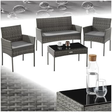 tectake® Rattan Gartenmöbel Set, Outdoor Lounge Möbel,1x Gartenbank, 2X Stuhl, 1x Balkontisch, mit Outdoor Kissen wetterfest, Balkonmöbel Kleiner Balkon, Lounge Gartenmöbel, Terrassenmöbel - grau