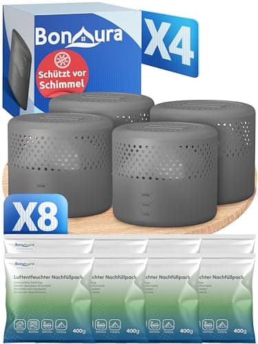 BonAura® 4x Luftentfeuchter ohne Strom + 8x 400g Luftentfeuchter Nachfüllpack - Raumentfeuchter bis 40m² für Keller, Bad uvm. - Entfeuchter und Luftentfeuchter Granulat im Set - Schutz vor Schimmel