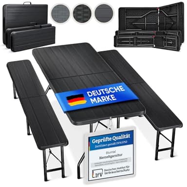 Blumtal Bierzeltgarnitur 3er Set - 2X Bierbank + 1x Biertisch - tragstarke Biertischgarnitur klappbar für 8 Personen - Bierbankgarnitur mit Tragegriff - Biergartengarnitur in Holz-Optik Anthrazit