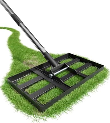 Rasenrakel 43x25cm mit Verstellbarem 180cm Langem Edelstahlstiel, Robuster & Kraftsparender Garten Rasenrechen, Nivellierrechen zum Einfachen Planieren von Sand und Erde, Für Garten Hof und Golfplatz