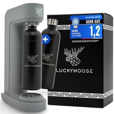 Luckymoose Infinity Wassersprudler mit 2x 1,25L langlebigen, spülmaschinenfesten Edelstahlflaschen – CO₂-sparende Sprudelwasser Maschine – Kompatibel mit den blauen 60l CO₂-Zylindern