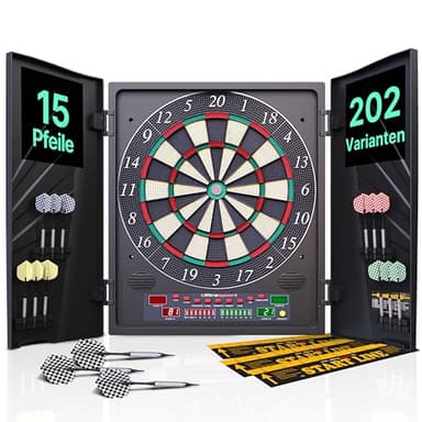 Ultrasport Dartscheibe Elektronisch Profi Set mit Türen für 1-8 Spieler mit 15 Darts, 15 Pro Flights, 100 Pfeilspitzen, 3 Startlinien I Dartautomat
