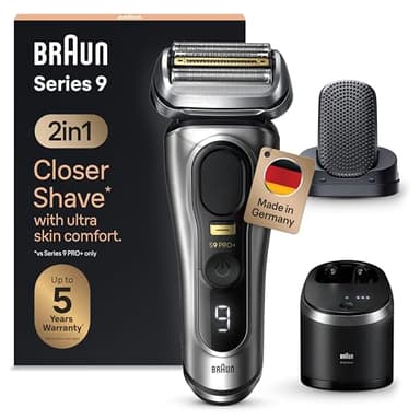 Braun Series 9 Pro+ Rasierer Herren Elektrisch, Elektrorasierer mit 5 Rasierelementen, ProComfort Aufsatz, Rasierapparat, 2-in-1-System, Reinigungsstation, 60 Min Akku, Made in Germany, 9597cc, Silber