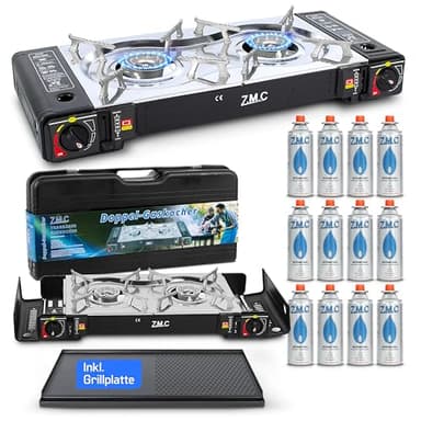 ZMC Camping Gaskocher 2-flammig inkl. Adapter für LPG Anschluss + Aufbewahrungskoffer, Campingkocher mit Gaskartuschen 227g und Grillplatte Wählbar (Gaskocher + Grillplatte + 12x Gaskartuschen)