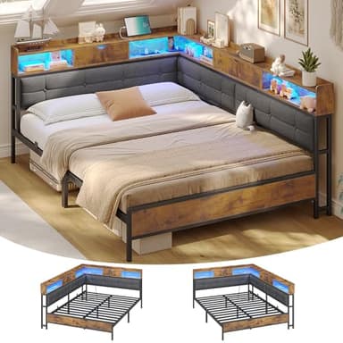 AOGLLATI Polsterbett Schlafsofa 140x200 mit 6 Staufächern Jugendbett 140x200 mit LED-Beleuchtung Tagesbett mit Steckdosen Gästebett Bettgestell mit Lattenrost aus Metall, Ohne Matratze (Grau)