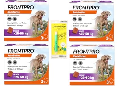 FRONTPRO Kautabletten für Hunde 25-50 kg 12-Monats-Set zum Schutz gegen Zecken und Flöhe mit Zeckenzange: Schützt bis zu 12 Monate