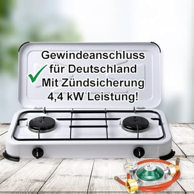 Bluecraft Campingkocher 2 flammig mit Zündsicherung Gaskocher mit 4,4 kW Leistung für Gasflaschen Doppelkocher Gasherd mit Zubehör Manometer Gasregler 50 mbar Gasschlauch für Camping Outdoor Freizeit
