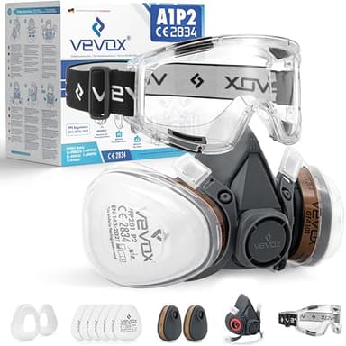 VEVOX® Atemschutzmaske – A1P2 Filter – Schutz gegen Feinstaub, Gase und Dämpfe – Zum Lackieren, Schleifen und Sanieren – Gasmaske, Staubmaske & Lackiermaske – inkl. 6x P2 und 2x A1 Filter
