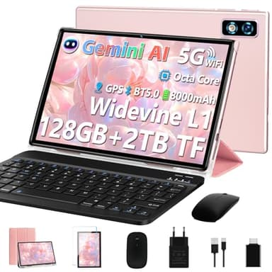 DEERTiME 2026 Gemini AI Tablet 10 Zoll Android Tablet,128GB ROM+2TB TF, Octa-Core, 2.0GHz,5G+2.4G WiFi, BT 5.0, 8000mAh, Widevine L1,8+5MP, AGPS, 3 in 1 Tablet PC Mit Tastatur und Maus-Roségold