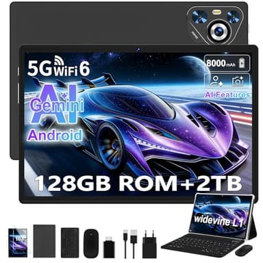 Dghrti 2026 Tablet 10 Zoll Android, 128GB ROM/TF 2TB, Octa-Core Prozessor, 8000mAh, BT5.0, 8MP+5MP, WiFi 5G+2.4G, Face ID, Widevine L1, Augenschutz, Tablet mit Tastatur & Maus Metallkörper-Schwarz