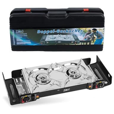 ZMC Camping Gaskocher 2-flammig inkl. Adapter für LPG Anschluss + Aufbewahrungskoffer, Campingkocher für Outdoor und Innenraum, Doppelgaskocher mit Piezozündung