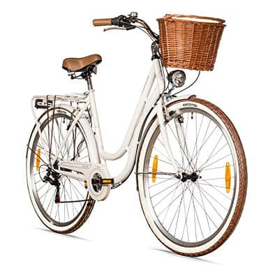 Bergsteiger Marseille 26 Zoll Damenfahrrad, ab 150 cm, Korb aus Rattan, Fahrrad-Licht, Damen-Citybike, Damenrad im Retro-Design«, 6 Gang Tourney Schaltung, Kettenschaltung