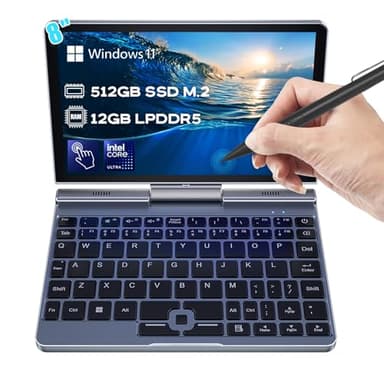 Crelander 2-in-1 Mini-Laptop | 8-Zoll Touchscreen | Intel N100 Prozessor 12. Gen | 12 GB DDR5 RAM | 512 GB M.2 SSD | 30 W PD Aufladung | Wi-Fi 6 BT5.2 | Tastatur