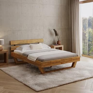 skølm Nornir Massivholzbett 140x200 cm – Bettrahmen aus Massivholz Eiche geölt – hochwertiges Holzbett mit Kufen Bettbeinen – Bettgestell mit 2 Streben als Bettkopf – geeignet als Doppelbett