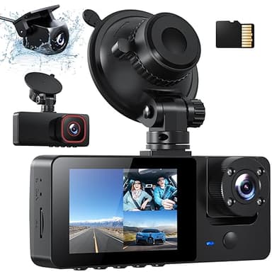 Bestsee 1080P 3-Kanal Dashcam Auto Vorne, Hinten und Innen, 2,35" IPS Bildschirm, inkl. 64GB SD-Karte, 24H Parküberwachung, WDR Nachtsicht, G-Sensor, Loop-Aufnahme