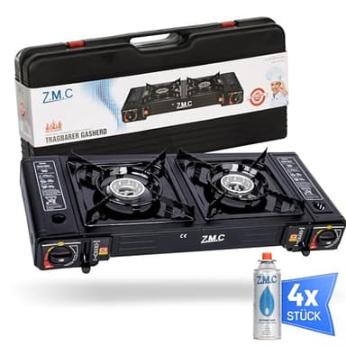 ZMC Camping Gaskocher 2-flammig mit 4X Gaskartuschen 227g, 2,5 KW inkl. Adapter für LPG Anschluss + Aufbewahrungskoffer Campingkocher Set mit Piezozündung, für Outdoor und Innenraum