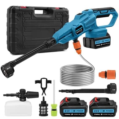 Bellanny 21V Akku Hochdruckreiniger, 120 Bar 2000PSI Tragbarer Druckreinigerpistole, Hochdruckpistole mit 2 Akkus,6-in-1 Düse,5M Schlauch,Schaumsprüher,Cordless Pressure Washer für Auto Terrasse Boden