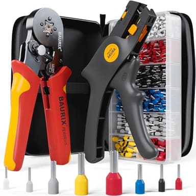 BAURIX® Crimpzange & Abisolierzange Set mit 1800 Aderendhülsen – Crimpzange 0,25–10 mm², Abisolierzange 0,5–6 mm² – Elektriker Werkzeug für Elektroinstallation – PERSEUS (4-Kant) & AKURA