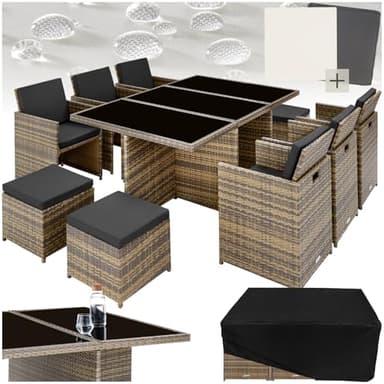 tectake® Polyrattan Gartenmöbel Set, Sitzgruppe mit 6 Stühle + 1 Glasplatte Tisch + 4 Hocker, Gartenlounge Set klappbar mit Aluminium Gestell, für 10 Personen, Balkon Möbel, inkl. 2 Bezugsset - Natur
