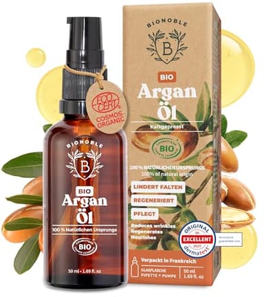 BIONOBLE Arganöl Bio Kaltgepresst in Marokko - Repariert, Nährt, Gegen Falten - Arganöl Haare, Gesicht, Haut - Argan Oil 100% Rein, Natürlich, Ohne Hexan - Glasflasche, Pipette, Pumpe - 50ml