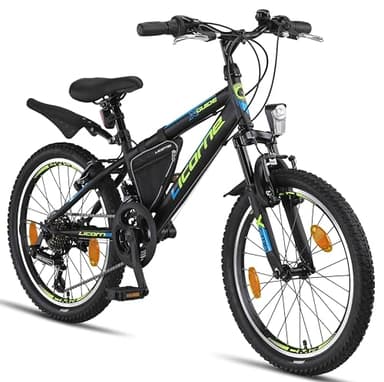 Licorne Bike Guide Premium Mountainbike in 20, 24, 26, 27.5 und 29 Zoll Fahrrad für Mädchen Jungen Herren und Damen (20 Zoll, Schwarz/Blau/Lime)