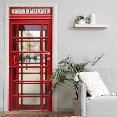 Türtapete selbstklebend | 200 x 90 cm Rote englische Telefonzelle | Tür Aufkleber Poster Türfolie | Einteilig | Wasserfest 3D Türaufkleber Klebefolie