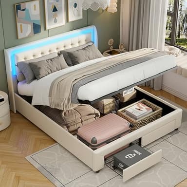 JYCRA Boxspringbett 180x200 cm Doppelbett mit LED-Kopfteil, Hydraulisch Stauraumbett mit 2 Schubladen,Bettgestell mit Stauraum und Lattenrost,Beige Samt Gepolsterte Bett für Erwachsene Jugendliche