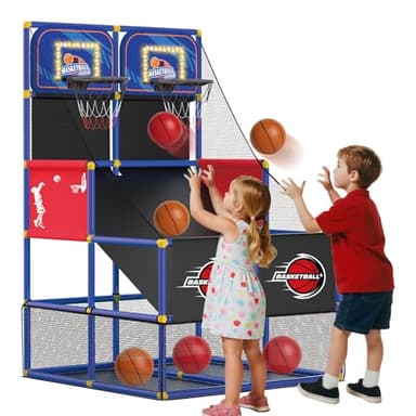 QiquBox Jeu Basketball Électronique Double Panier Avec Tableau de Score - Panier de Basketball Enfant 6 Balles - Jouet Sportif Intérieur/Extérieur Cadeau Pour Filles Garçons 3 4 5 6 7 Ans (Bleu)