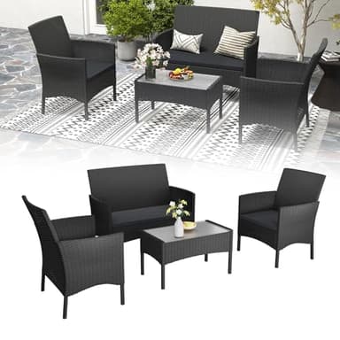 UISEBRT Polyrattan Gartenmöbel für 4 Personen inkl. 1 Doppelsofa, 2 Einzelsofas, 1 Tisch mit Glasplatte&Sitzkissen,Outdoor Lounge Wetterfeste Balkonmöbel für Terrasse, Garten, Balkon-Weißes Glas