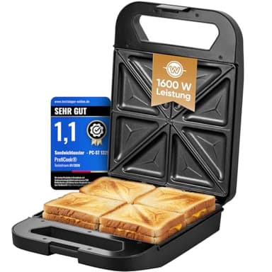 ProfiCook® Sandwichmaker für 4 Sandwiches gleichzeitig | Antihaft-Platten | kein Anbrennen | Sandwich Maker 1600W | Bereitschaftsanzeige | Toaster Sandwichtoaster PC ST 1329