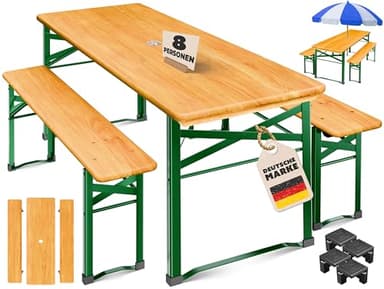 KESSER® Bierzeltgarnitur 3 teilig Gartenmöbel-Set | Klappbar 220 x 50 x 77cm | 2X Bierbänke 1x Biertisch | Festzeltgarnitur Biertisch Stehtisch Sitzgarnitur Holz 16-teiliges Bodenschoner-Set