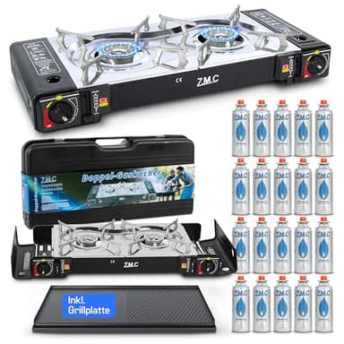 ZMC Camping Gaskocher 2-flammig inkl. Adapter für LPG Anschluss + Aufbewahrungskoffer, Campingkocher mit Gaskartuschen 227g und Grillplatte Wählbar (Gaskocher + Grillplatte + 20x Gaskartuschen)