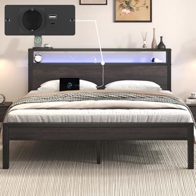 E-Motie Bett 160x200 mit LED und Ladestation, Kopfteil aus Holz mit Stauraum und 2 Ablageflächen, Strapazierfähige Metalllatten, Kein Boxspringbett Erforderlich, Geräuschlos, Einfache Montage, Grau