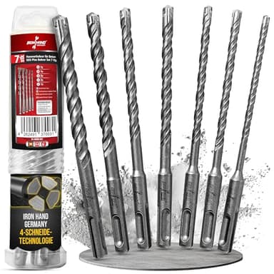 Iron Hand Germany - SDS Plus Bohrer 7er Set - 5mm, 6mm, 6mm, 8mm, 8mm, 10mm, 12mm - Betonbohrer, Hammerbohrer für Stahlbeton, Beton, Mauerwerk - 4 Vollhartmetall Schneiden - robust, langlebig