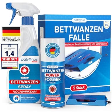 Patronus Bettwanzen Komplett-Set: Spray 500ml, Fogger 150ml & Fallen 5x - Bettwanzen Bekämpfung Set - Bed Bug Spray, Bettwanzenfogger & Bettwanzenfalle mit Lockstoff