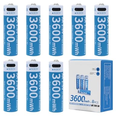 Tosiicop Wiederaufladbare Lithium Batterien AA - 1.5V 3600mWh AA Akkus Wiederaufladbare mit 4-in-1 USB-C Ladekabel Hohe Kapazität Aufladbare Batterie Schnellladung 8 Stück