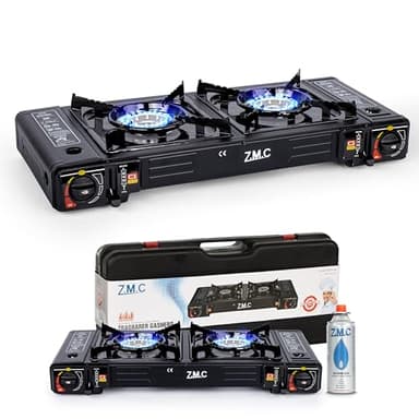 ZMC Camping Gaskocher 2-flammig, 2,5 KW inkl. Adapter für LPG Anschluss + Aufbewahrungskoffer Campingkocher Set mit Piezozündung, für Outdoor und Innenraum