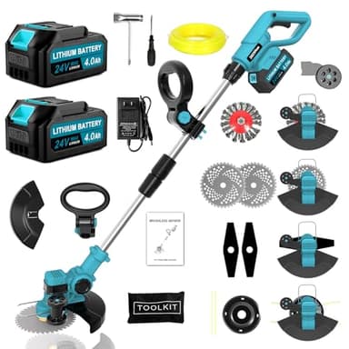 Rasentrimmer Mit Akku Für Makita Rasentrimmer, 4 in 1 Akku Rasentrimmer Mit 2 Akku Und 4 Arten Klingen, 21V Akku Freischneider Mit Seitlichen RäDern FüR Einfaches Trimmen Der Kanten.