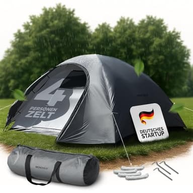 MONTARAY Zelt 4 Personen Doppelwandig – Wasserdichtes Zelt mit Moskitonetz, Insektenschutz & Tragetasche – Winddicht, Atmungsaktiv, Kompakt & Einfacher Aufbau – Ideal für Festivals & Outdoor, 4P