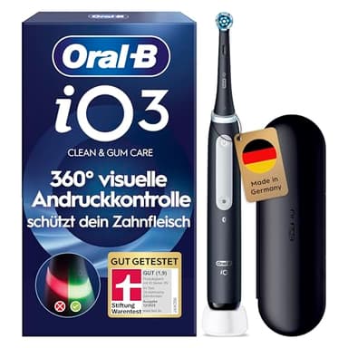 Oral-B iO Series 3 Elektrische Zahnbürste — Electric Toothbrush, Inkl. 1 Aufsteckbürste, 3 Putzmodi für Zahnpflege — Designed by Braun, GUT GETESTET von STIFTUNG WARENTEST, Schwarz