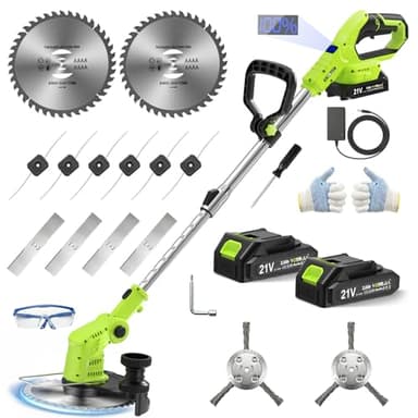 VOERJIA Rasentrimmer Akku 21V mit 2 Akkus und Ladegerät, Freischneider Akku 24000U/min mit LCD-Anzeige, Akkurasentrimmer mit 4-in-1 Mähsystem inkl. (Meister-Set)