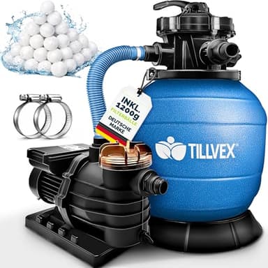 tillvex® Sandfilteranlage Pool 13.200L/h bis 40.000L + 1200g Filterbälle | Filteranlage 7-Wege Ventil & 2in1 Adapter Ø32-38mm | Poolfilter Selbstansaugend | Sandfilter Schwimmbecken (Blau)