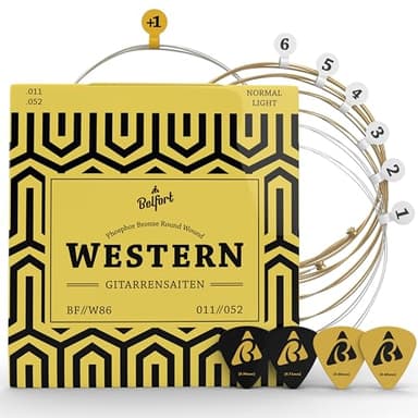 BELFORT® Gitarrensaiten für Westerngitarre - Premium Phosphor-Bronze (6 Saiten-Set) für Western-Gitarre & Akustikgitarre BONUS 4 Plektren + Extra hohe acoustic E-Saite (Gitarrensaiten Akustikgitarre)